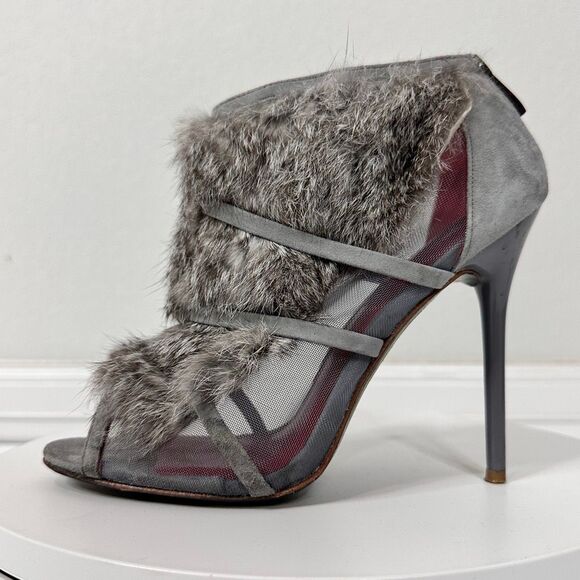 Charles Jourdan Ecliptic Real Fur Mesh Suede Peep-Toe Booties 7.5 Gray - Picture 1 of 16
